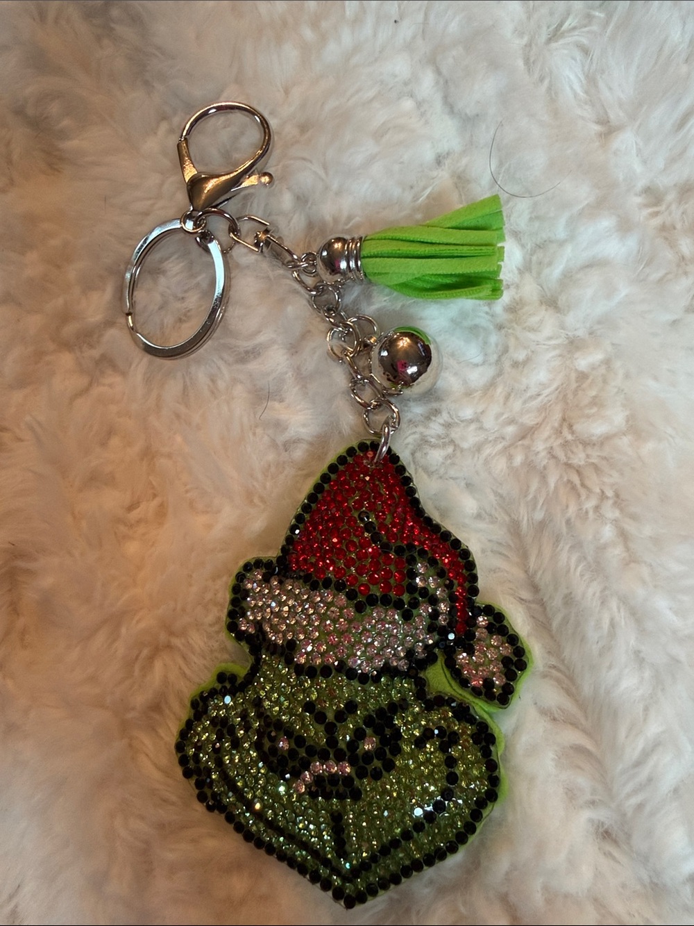 Rhinestone Grinch Tassel Keychain - Green & Red Bag Charm